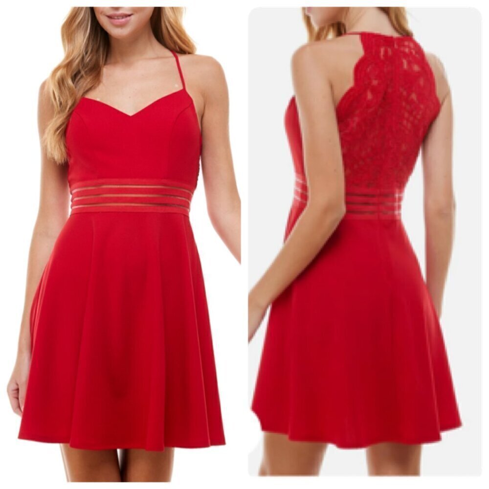 City Studio Womens Juniors Back Lace Mini Flare Dress Sz 11/12 Red